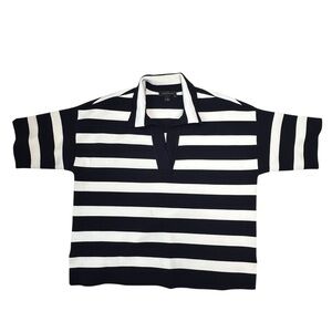 Ann Taylor Short Sleeve Navy and White Striped Collar Shirt Size L
